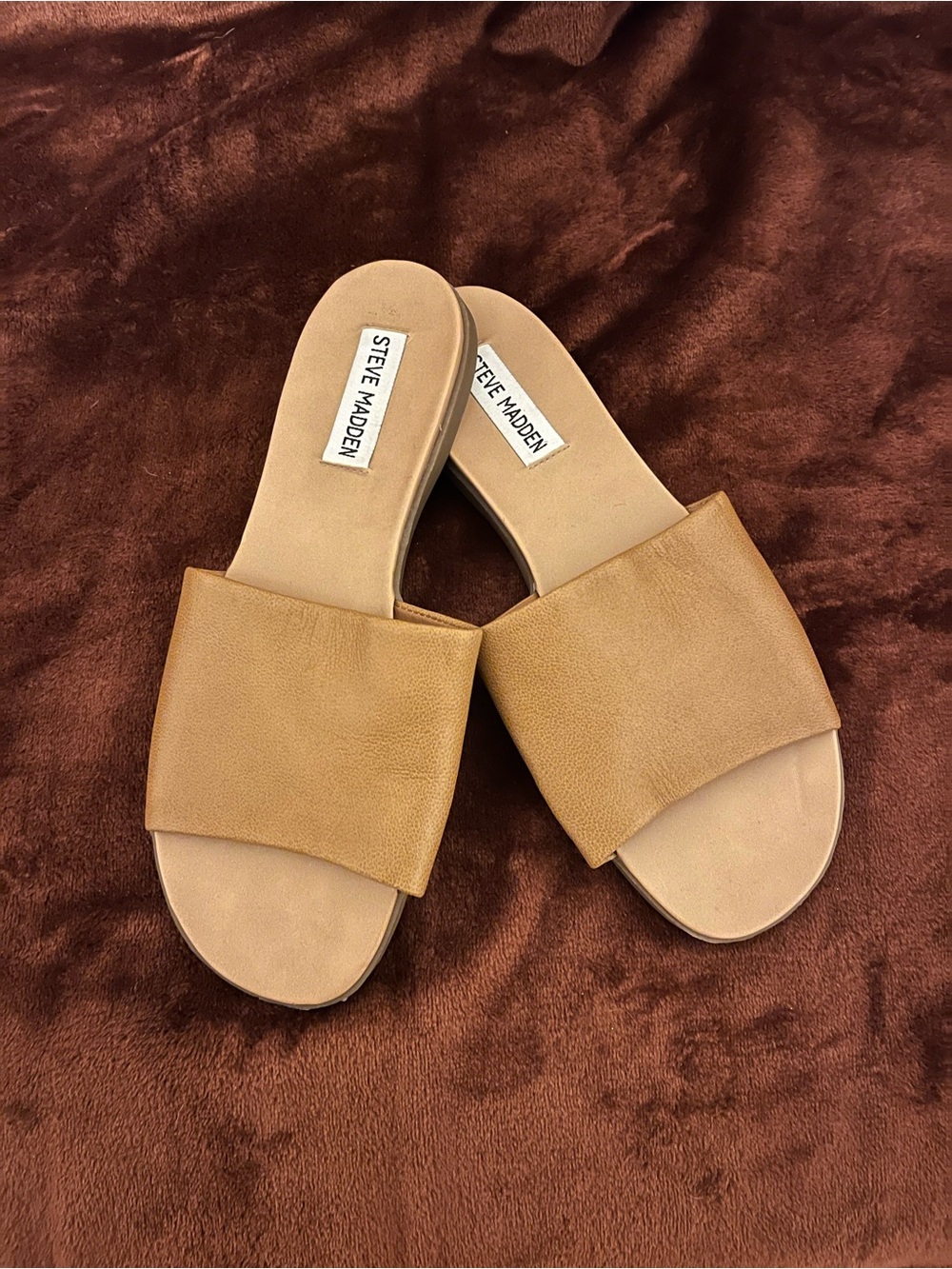 Steve Madden Tan Wide Band Slide Sandals